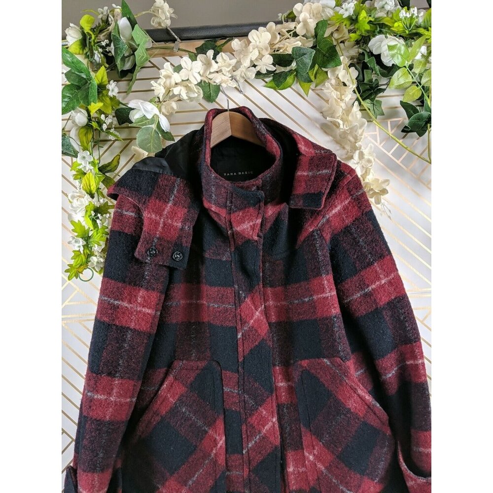Zara Basic Plaid Jacket Coat Wool Size Small Blue… - image 5